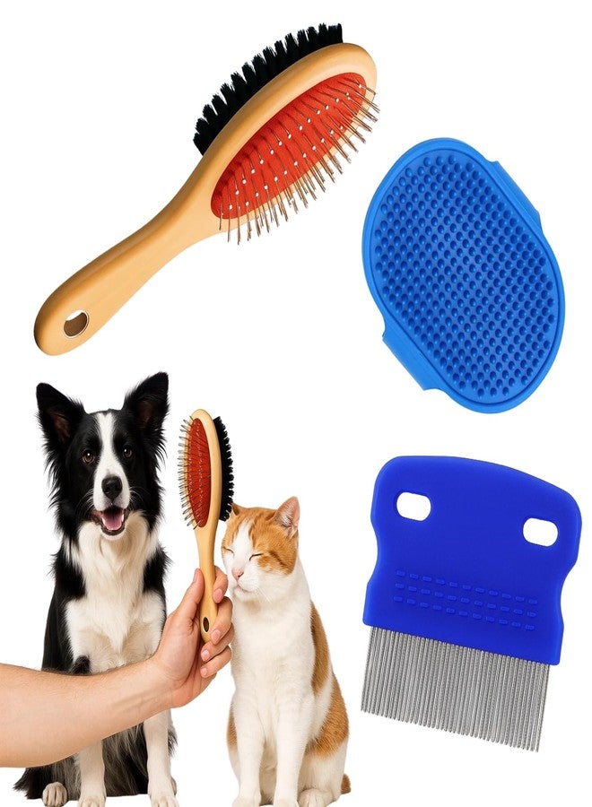 Wiggleboo 3-in-1 Pet Bathing Grooming Combo | Wood Double Side Brush + Palm Rubber Deshedding Massage Brush | Tick, Flea & Lice | Daily Shedding, Detangling & Flea Removal (Random) - Image 1